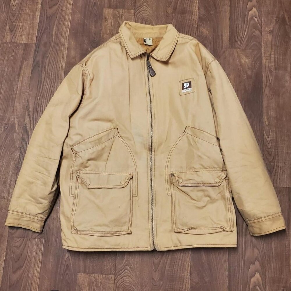 mens vintage Y2K Rocawear State Property tan canvas Carhartt style chore jacket